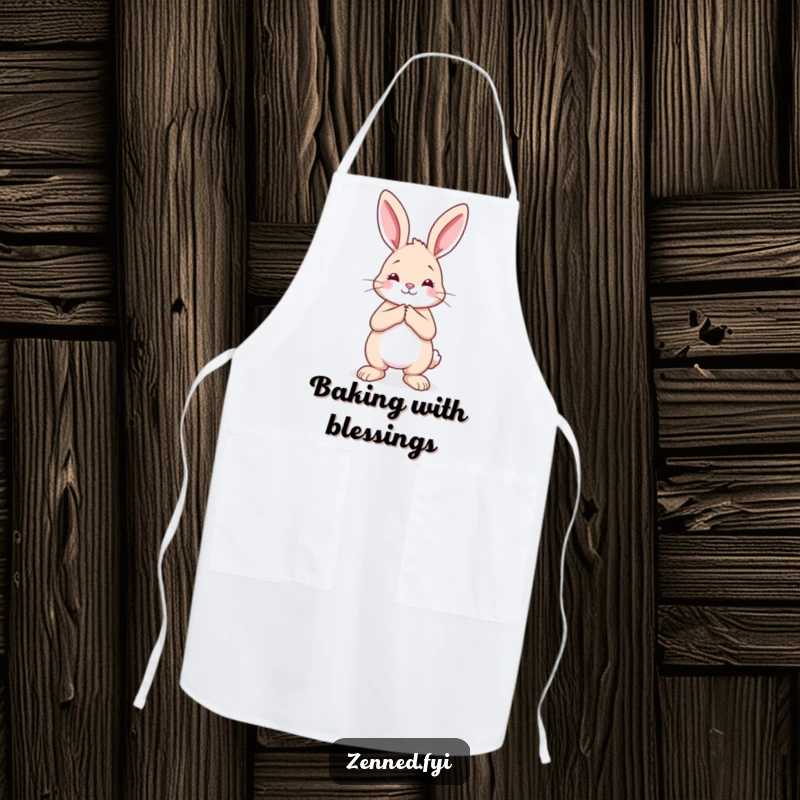 Funny rabbit apron depicting a calm animal with hands pressed together, adding peaceful charm to kitchen activities.