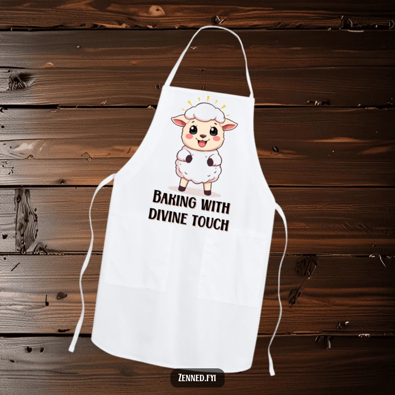 Funny apron with a joyful sheep character and a halo, bringing divine blessings and humor to cooking adventures.