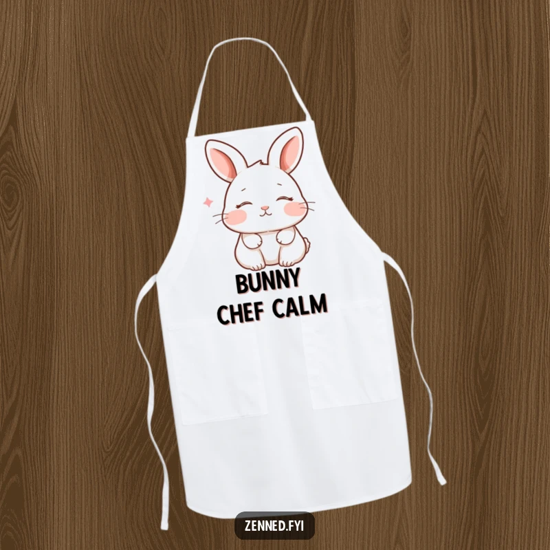 Funny apron depicting a peaceful rabbit with closed eyes and a faint smile, breathing gently, adding a touch of zen humor to cooking.