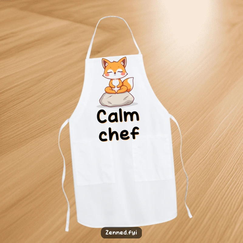 Funny Fox Apron: A cheerful fox meditates on a stone, ideal for mindful kitchen activities and baking.