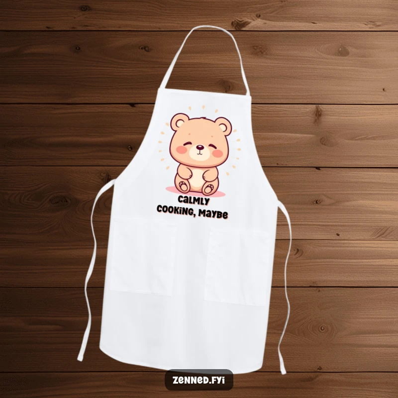 Funny apron with a kawaii bear emitting a calm, soft aura, perfect for peaceful cooking and a humorous kitchen accessory.