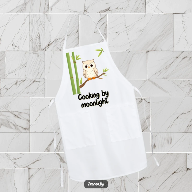 Funny Apron: A tranquil owl wearing an apron, perched peacefully on bamboo, bringing hilarious zen to the kitchen.