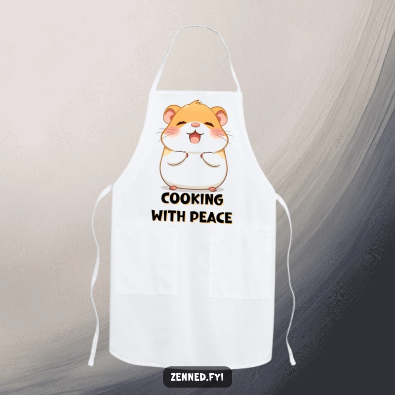 Funny Apron with a giggling hamster meditating peacefully, radiating tranquil and happy vibes.