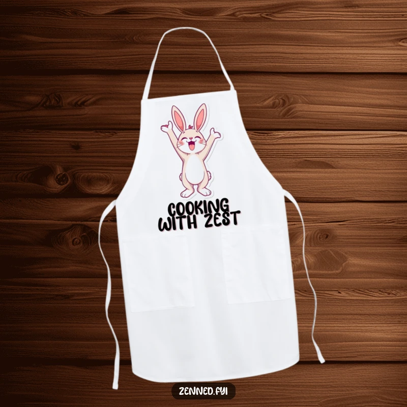 Funny Apron depicting a jubilant bunny character stretching towards the sky, radiating hilarious joy for the kitchen.