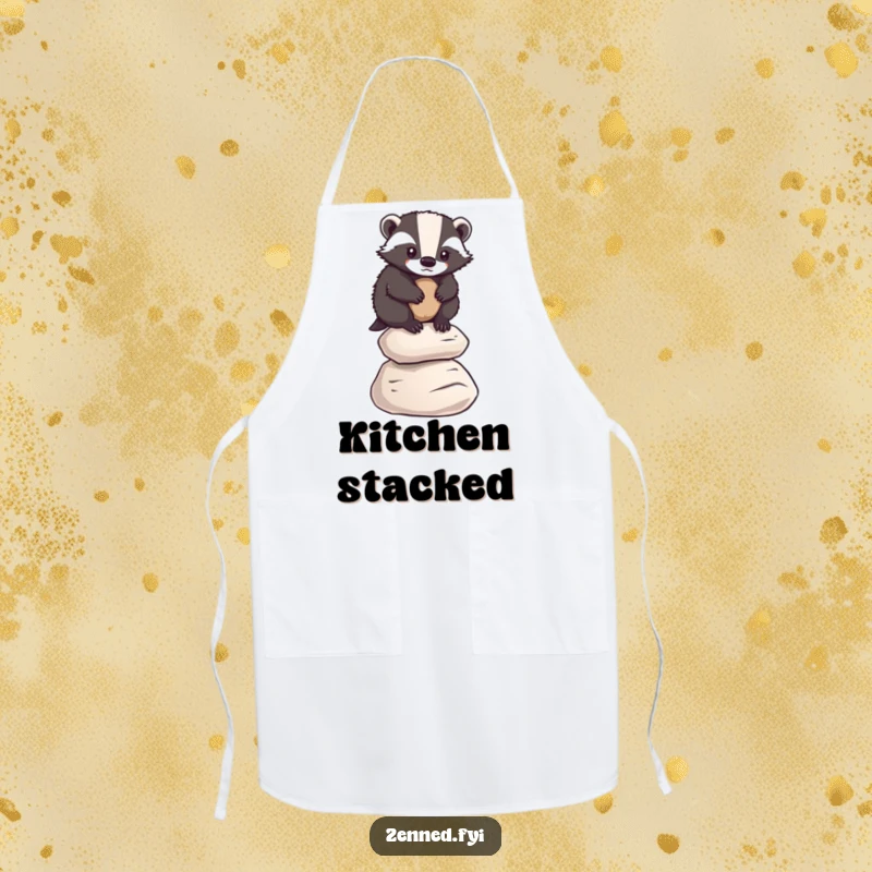 Funny badger balancing on pebbles, featured on a kitchen apron, adding humorous determination, funny gift.