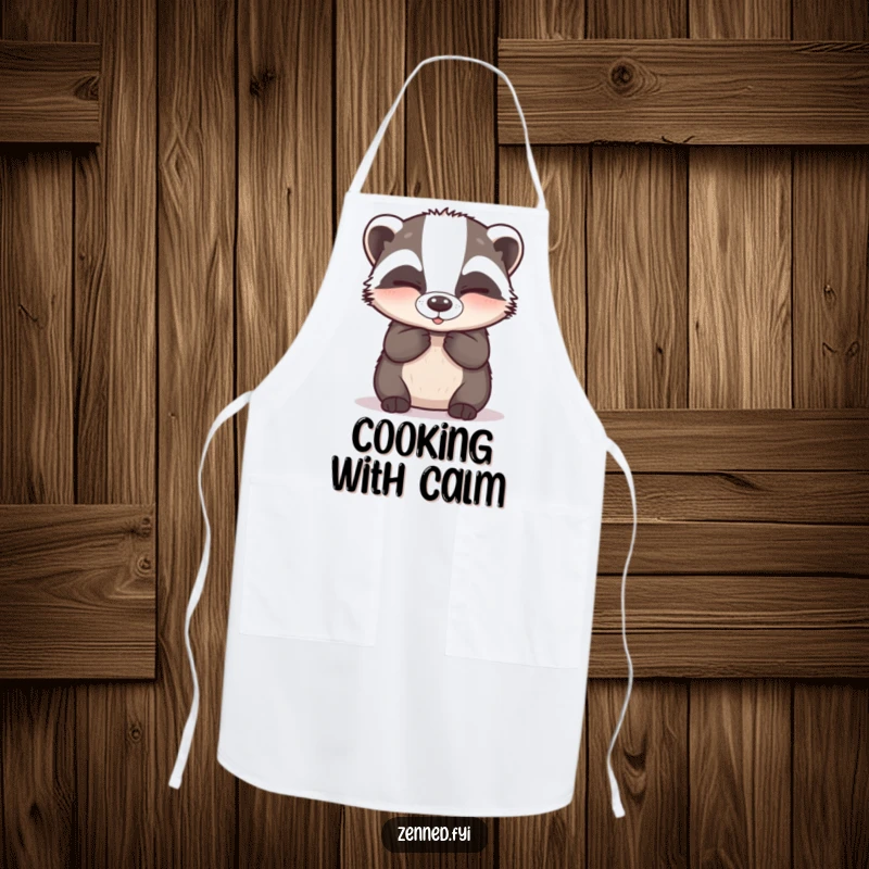 Funny Apron: A happy badger wearing an apron, breathing deeply with closed eyes, bringing hilarious zen to the kitchen.