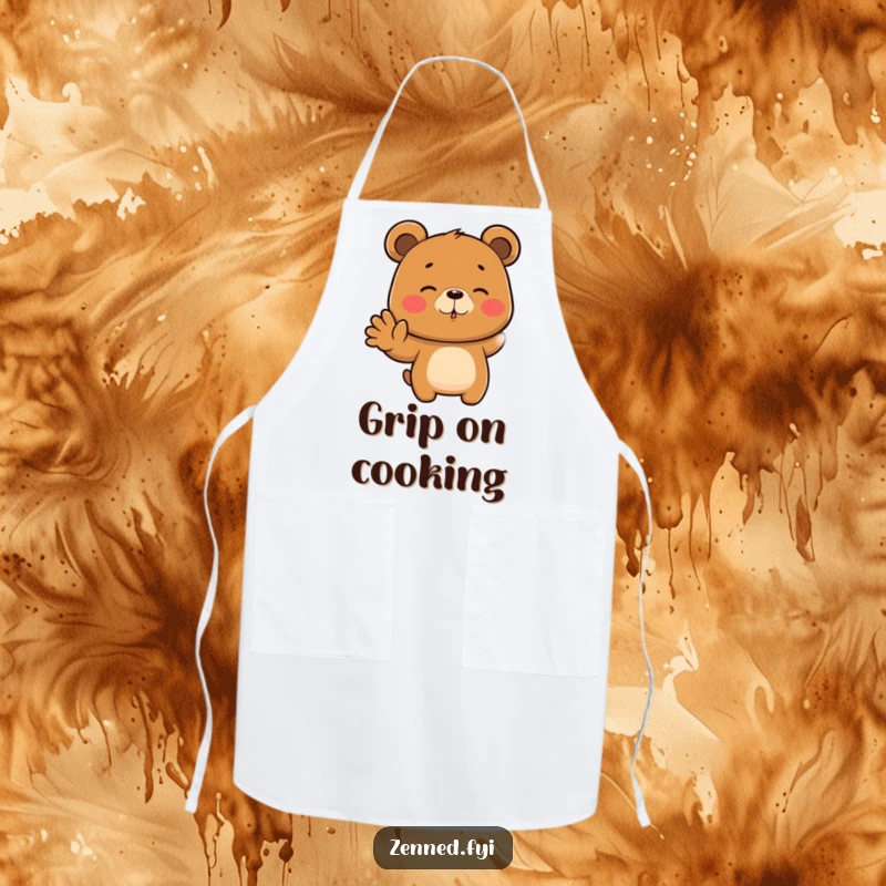 Funny apron featuring a focused brown bear meditating with a hand gesture, practical and humorous kitchen wear, ideal funny gift.