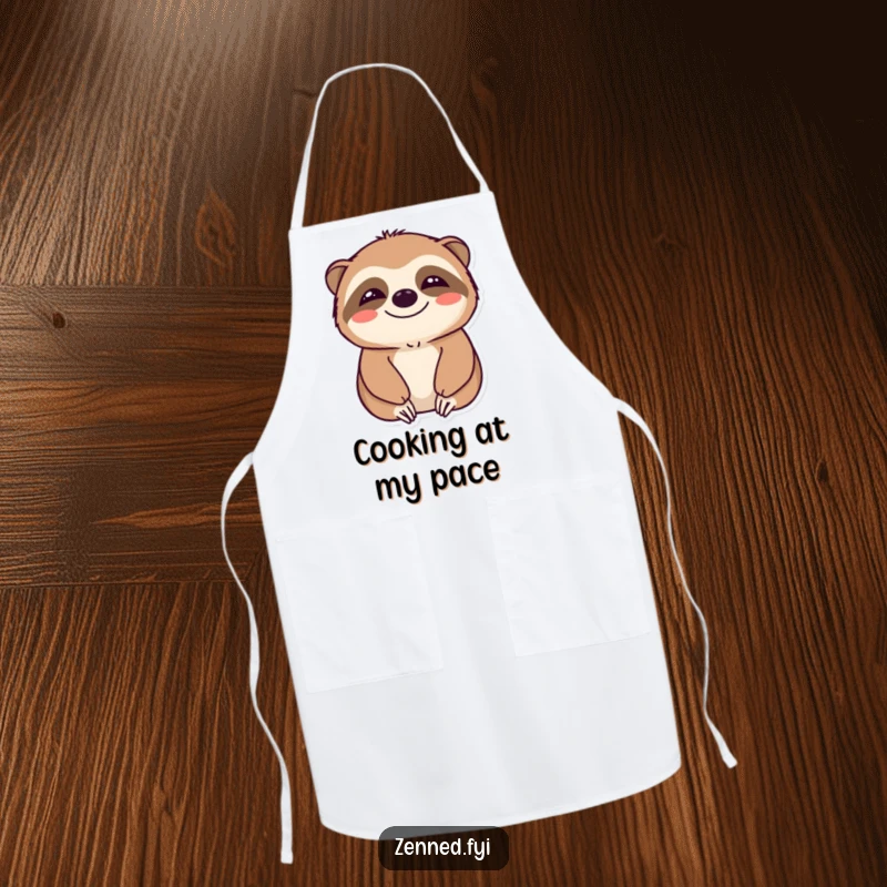 Funny apron with a smiling sloth character in a peaceful state, ready for calm and humorous kitchen activities.
