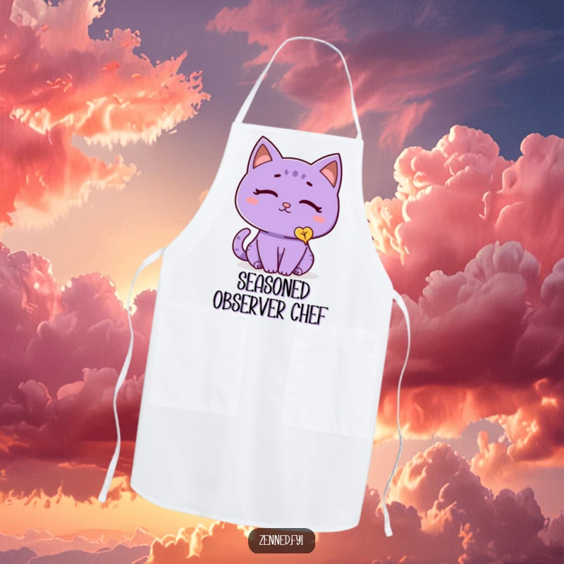 Funny cat apron featuring a thoughtful purple cat with a peaceful expression, watching a single falling leaf, ideal for a humorous cooking experience.