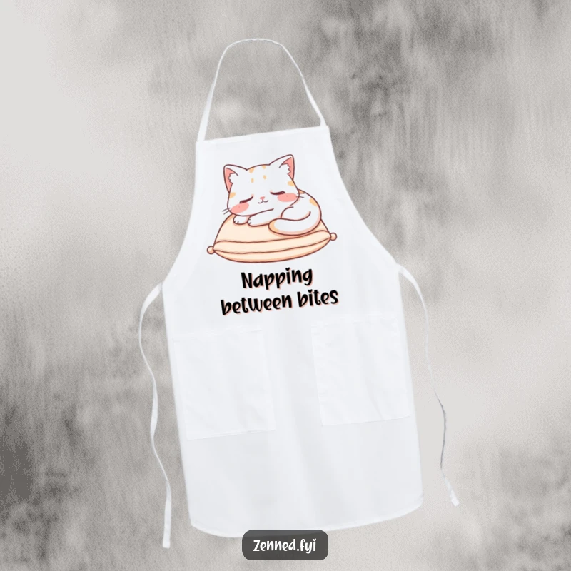 Funny Apron depicting a content cat character asleep on a cushion, radiating hilarious cozy charm for the kitchen.