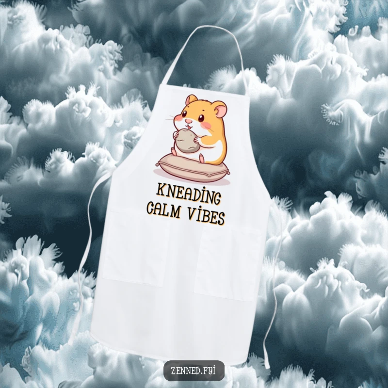 Funny hamster apron showing a content hamster on a cushion, holding a smooth stone, ideal for peaceful cooking and baking.