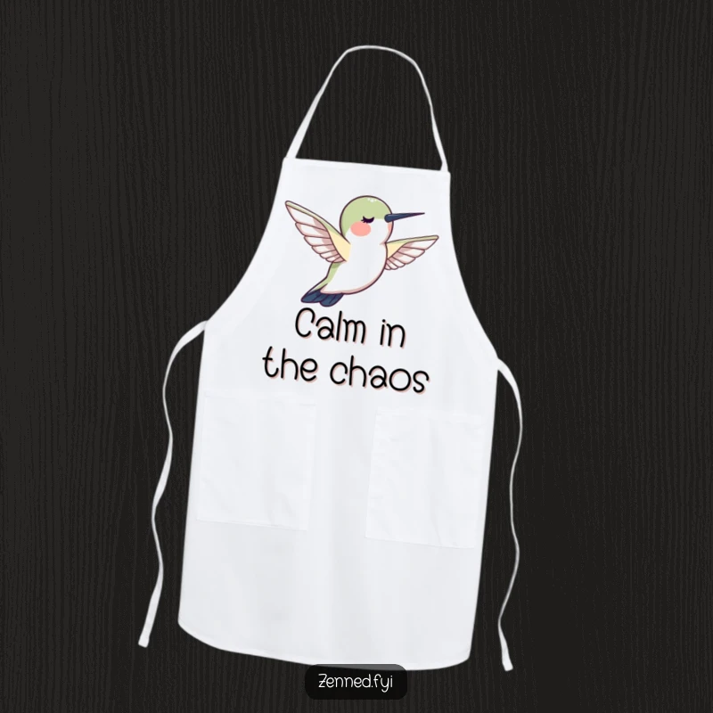 Funny hummingbird calm apron, a creature hovering motionlessly, radiating peace, ideal for humorous kitchen tasks.