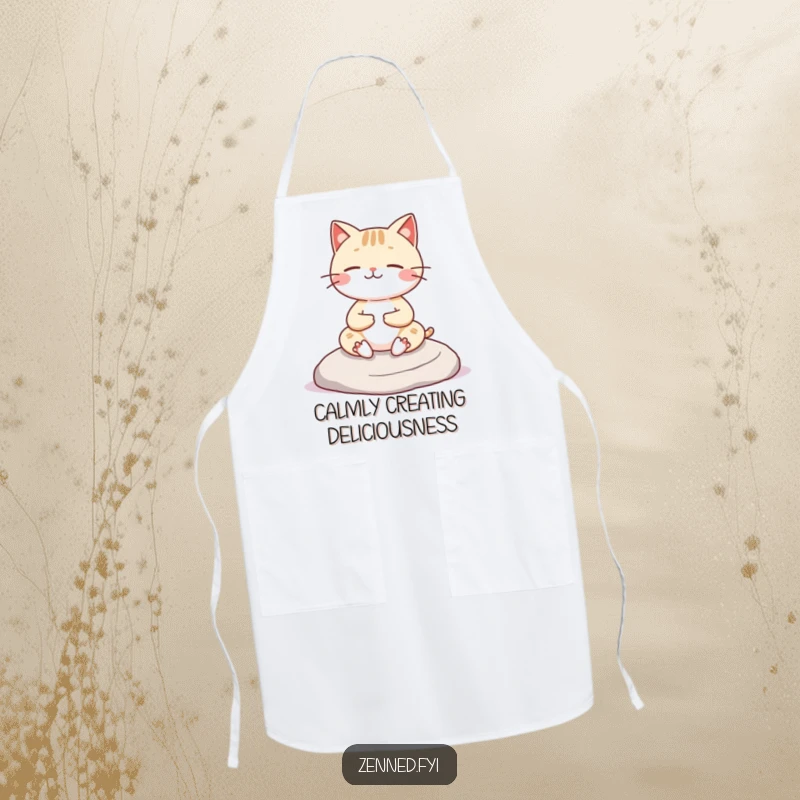 Funny Kawaii cat apron with a cheerful character meditating on a rock, adding zen humor to kitchen tasks, a great cooking gift.