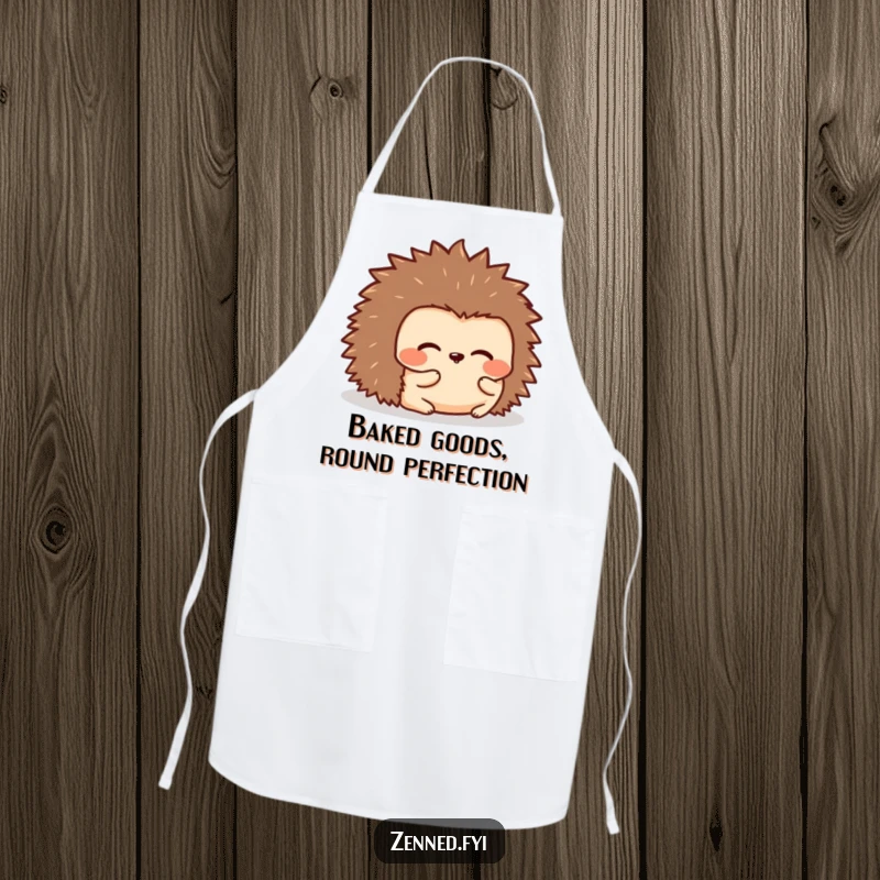 Funny apron with a kawaii hedgehog rolled into a peaceful, rounded shape, perfect for cozy cooking and a humorous kitchen accessory.