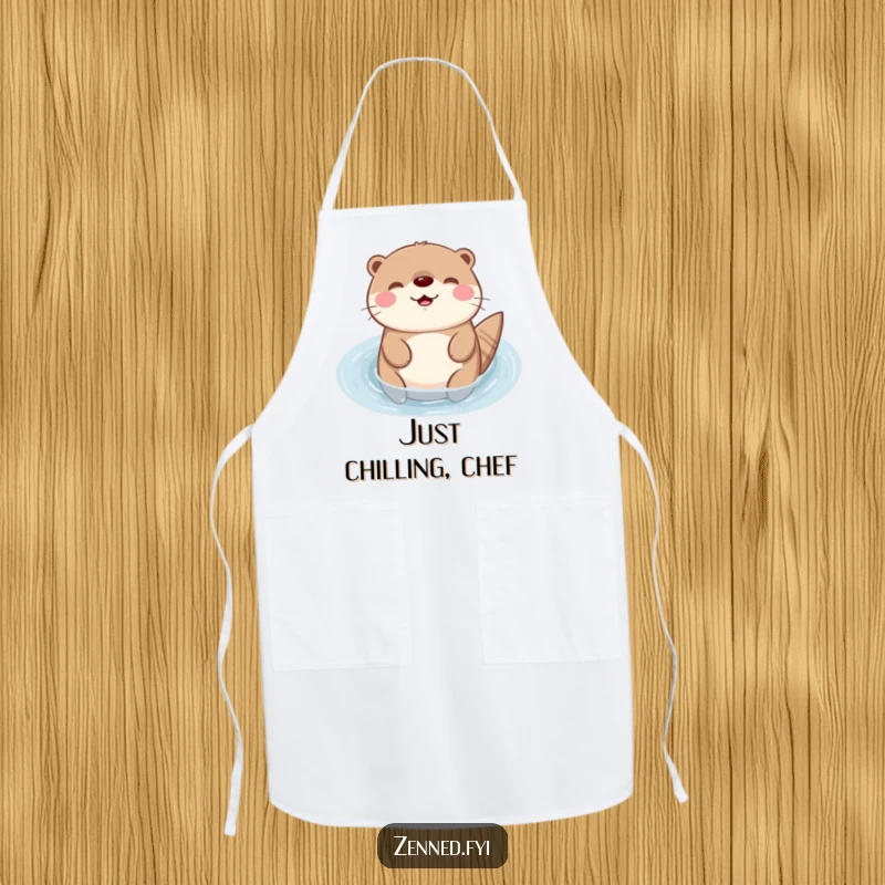 Funny Kawaii otter apron with a cute character floating, perfect for kitchen use and adding humorous charm as a gift.