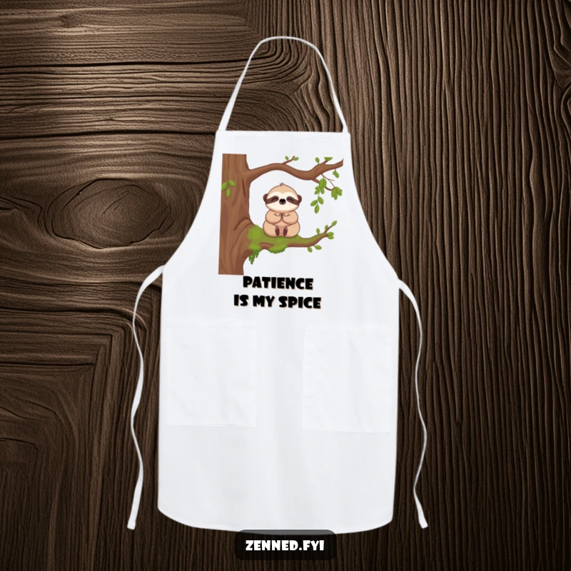 Funny apron featuring a cute kawaii sloth meditating on a mossy branch, adding charm and humor to kitchen activities.
