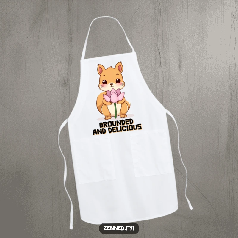 Funny apron with a kawaii squirrel holding a lotus flower, perfect for peaceful cooking and a humorous kitchen accessory.
