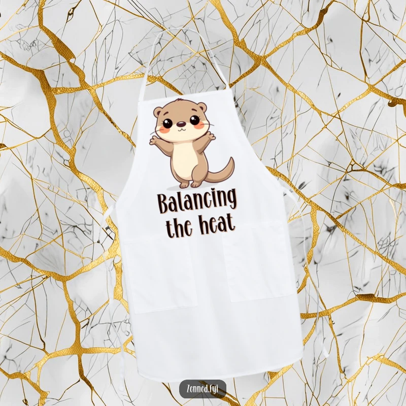 Funny Apron depicting a focused otter character balancing on one paw, ideal for a hilariously skillful kitchen.