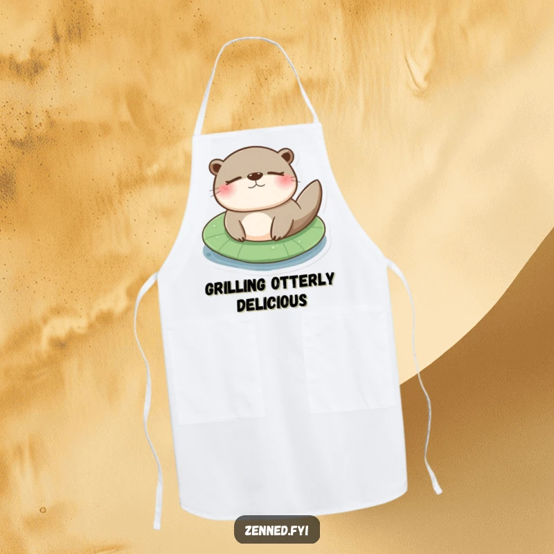 Funny otter lily pad apron showing a content otter floating peacefully on a lily pad, adding charm to cooking.