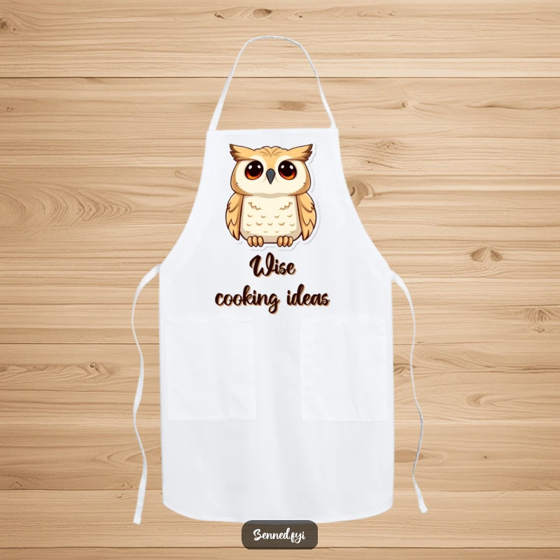 Funny apron depicting a calm owl gazing upwards with a look of profound understanding, adding wise humor to kitchen activities.