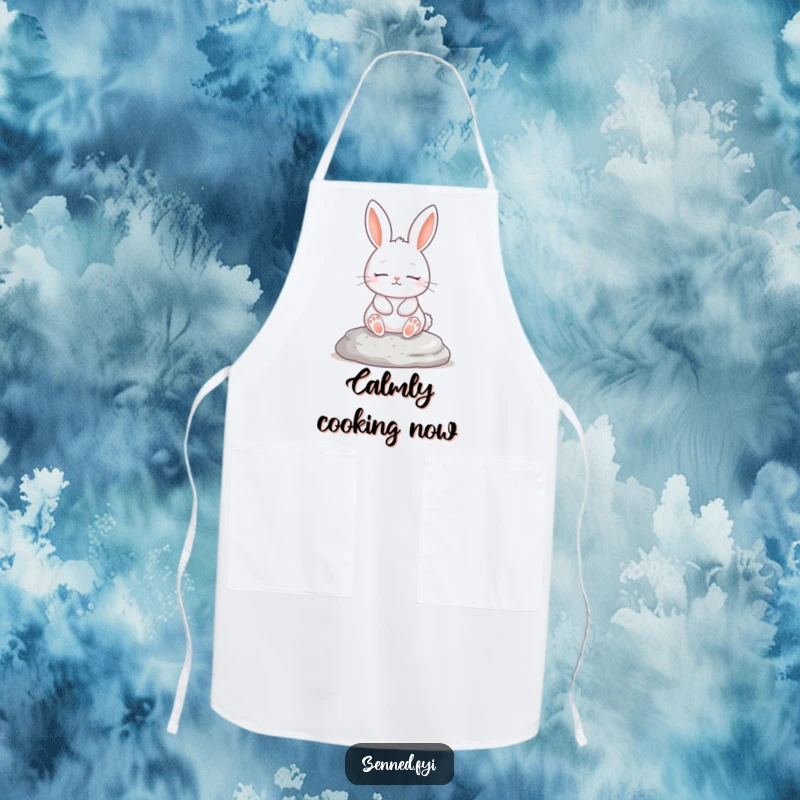 Funny apron featuring a serene white rabbit meditating while cooking, practical and humorous kitchen wear, ideal funny gift.