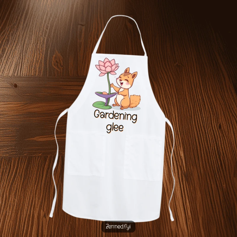Funny giggling squirrel reaching for a lotus flower, featured on a kitchen apron, adding humorous joy, funny gift.