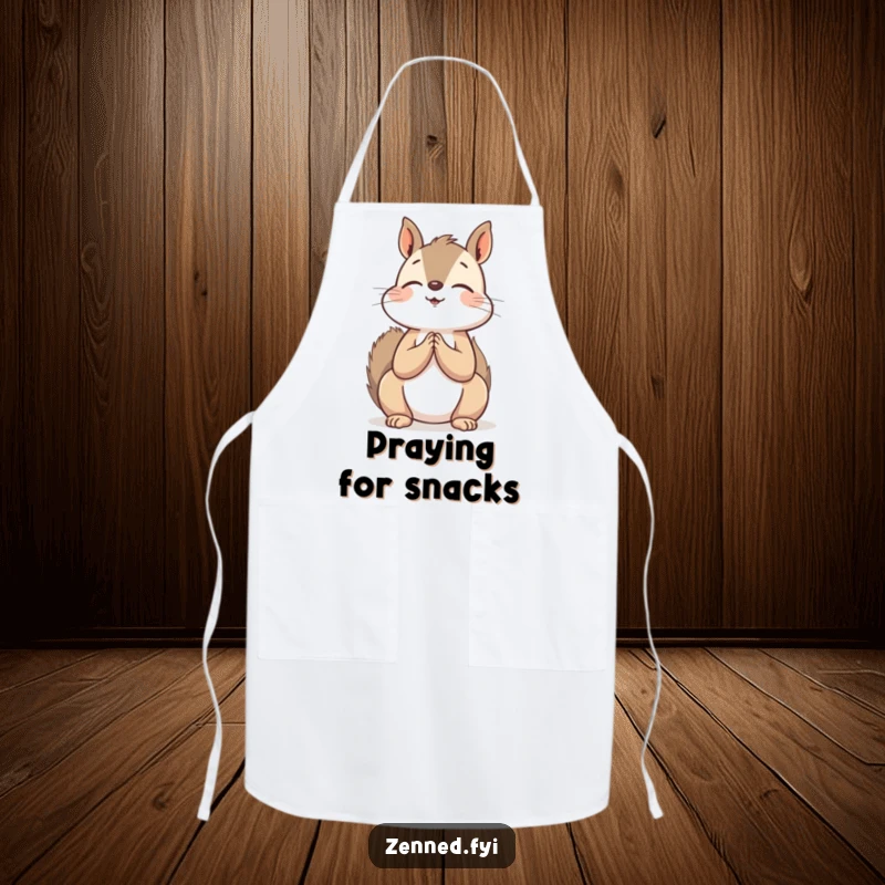 Funny Apron: A peaceful squirrel chef with hands clasped, looking up in prayer while cooking, a hilarious kitchen accessory.
