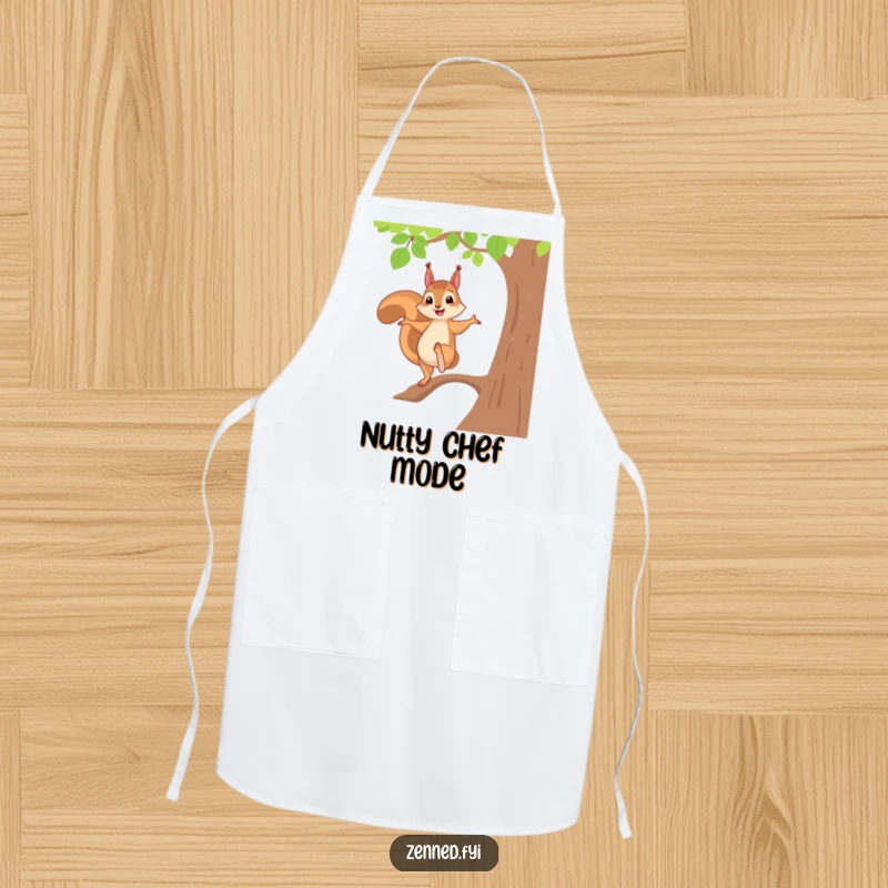 Funny apron depicting a cheerful squirrel perfectly balancing in a tree pose, adding a touch of playful humor to kitchen activities.