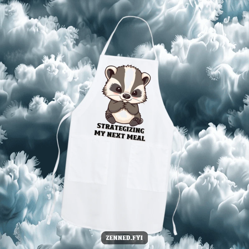 Funny apron showcasing a wise badger character stroking its chin in deep contemplation, ideal for kitchen humor.