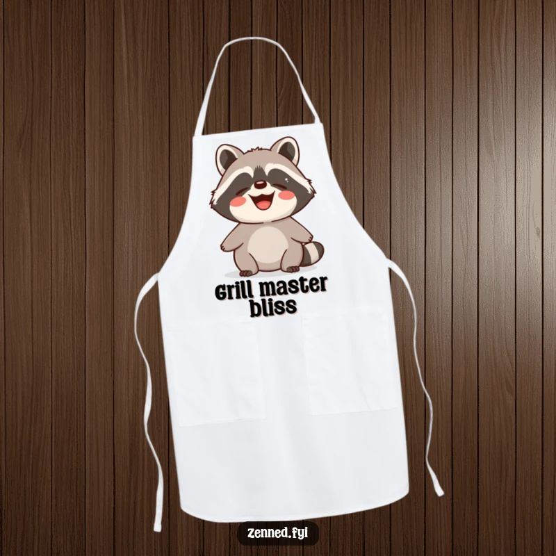 Funny Apron with a delighted raccoon radiating calm and contented energy with a peaceful smile.