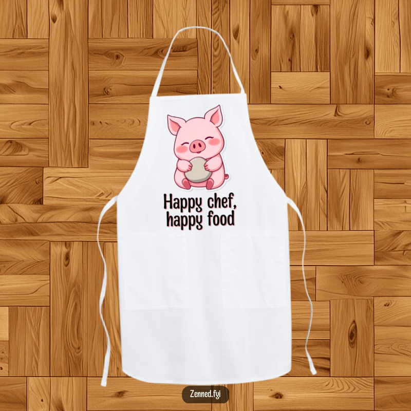 Funny pink pig apron, calm demeanor, cradling a pebble, ideal for cooking, a practical and funny gift.