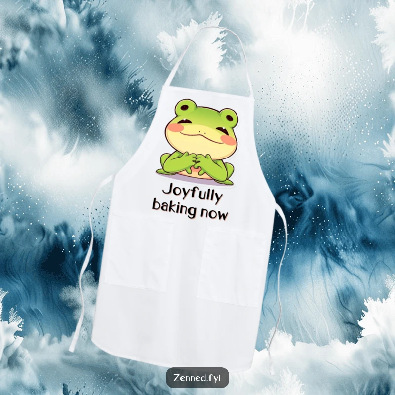Funny apron featuring a joyful green frog sighing contentedly with chin on hands, practical and humorous, ideal funny gift.