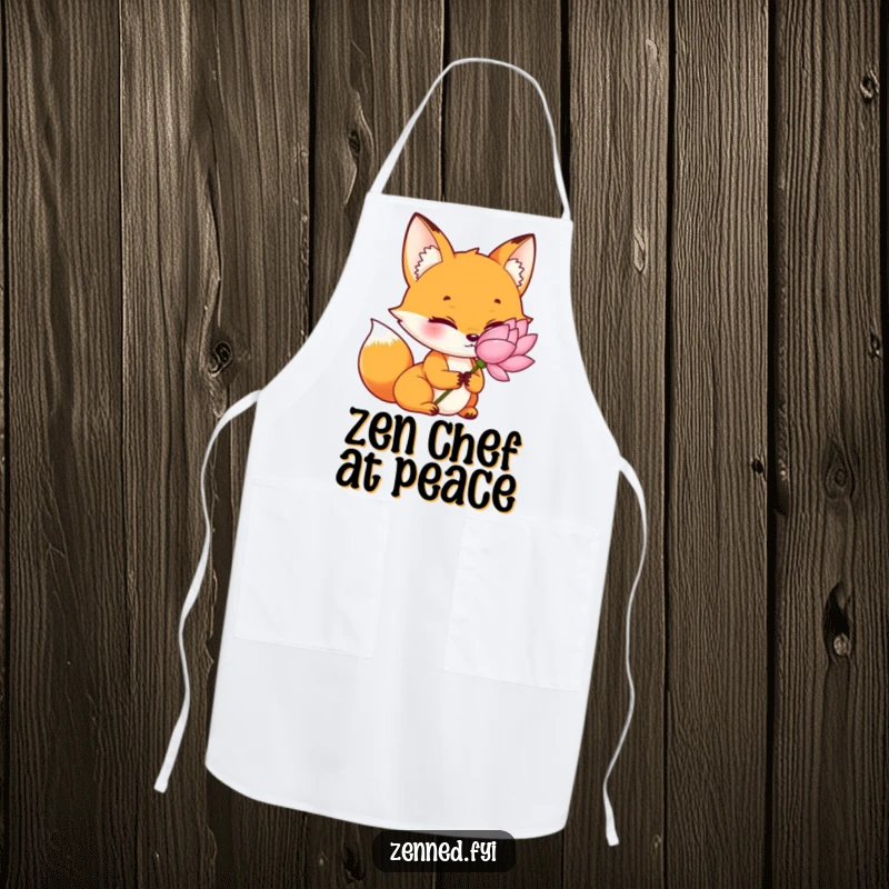 Funny orange fox apron, determined but tranquil, holding a lotus, ideal for cooking, a practical and funny gift.