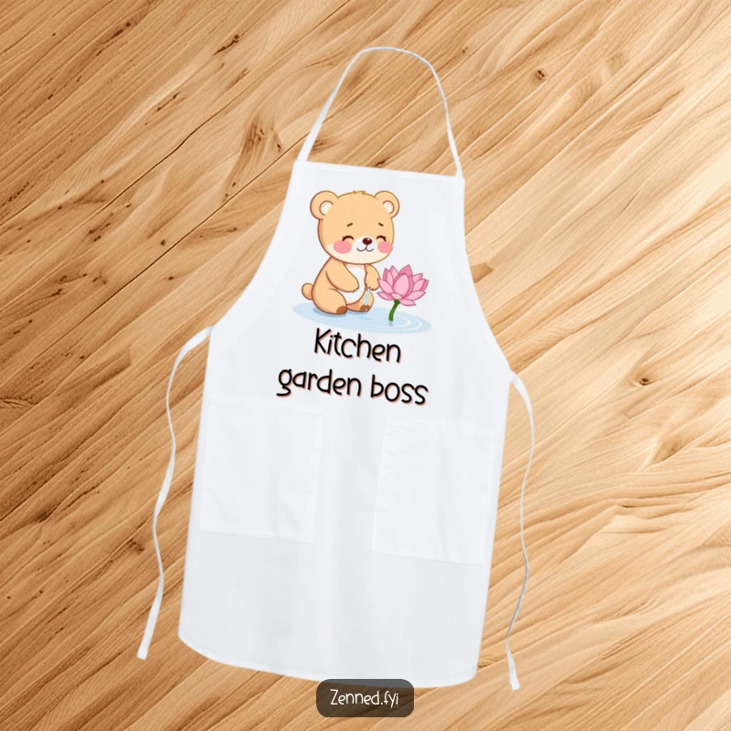 Funny Bear Cub Apron: Cute cub character gently watering a lotus flower, perfect for gardening or kitchen fun.