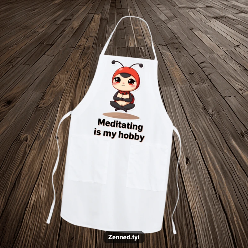 Funny ladybug apron featuring a determined red ladybug in a peaceful, cross-legged yoga pose, ideal for a humorous and serene cooking experience.