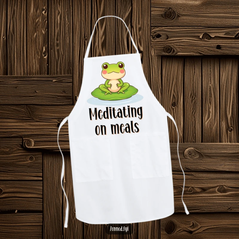 Funny Apron depicting a meditating frog character on a lily pad, perfect for a hilarious zen kitchen experience.