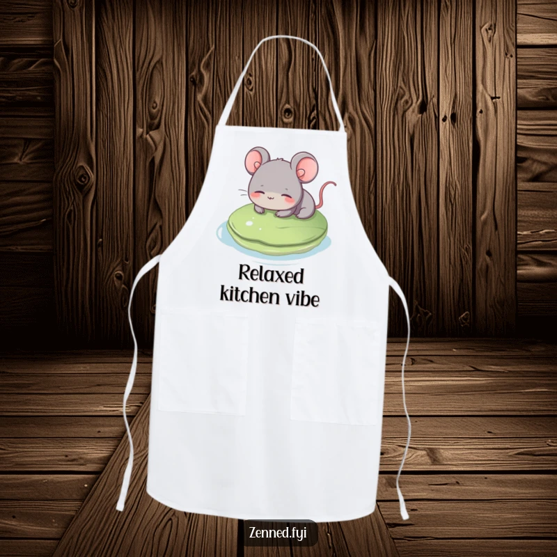 Funny grey mouse apron, smiling and floating on a lily pad, ideal for cooking, a practical and funny gift.