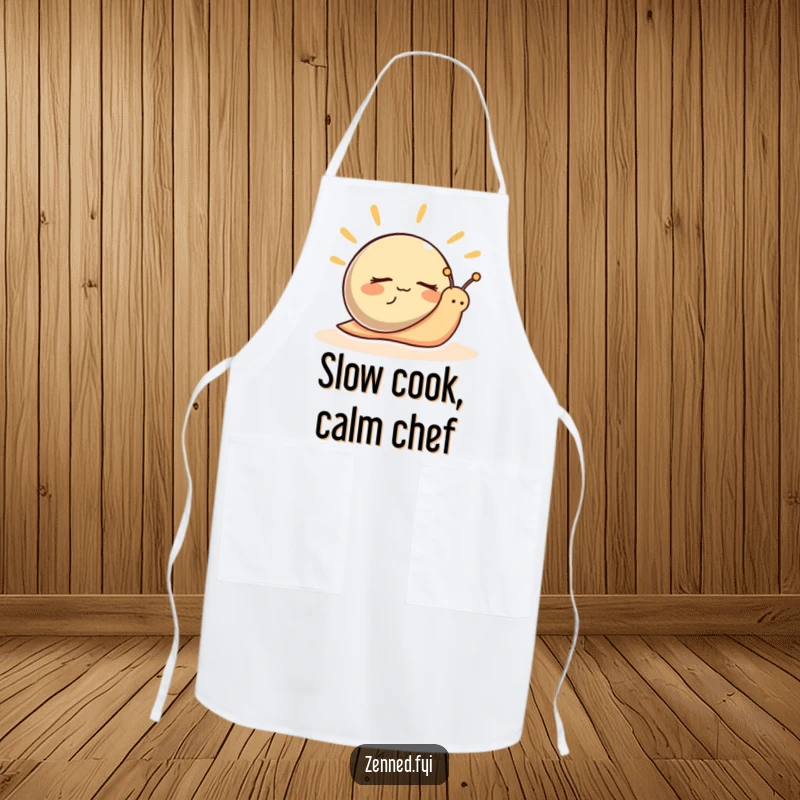 Funny Apron depicting a peaceful snail character with eyes closed, radiating hilarious calm for the kitchen.