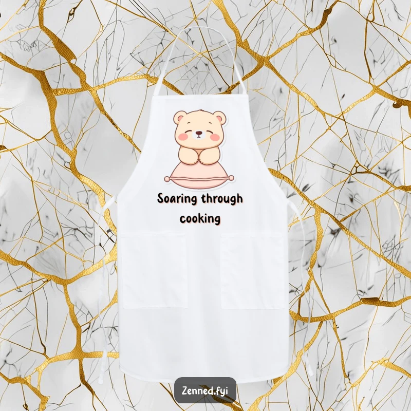 Funny apron with a serene bear floating above a cushion, ideal for adding peaceful humor to kitchen activities.
