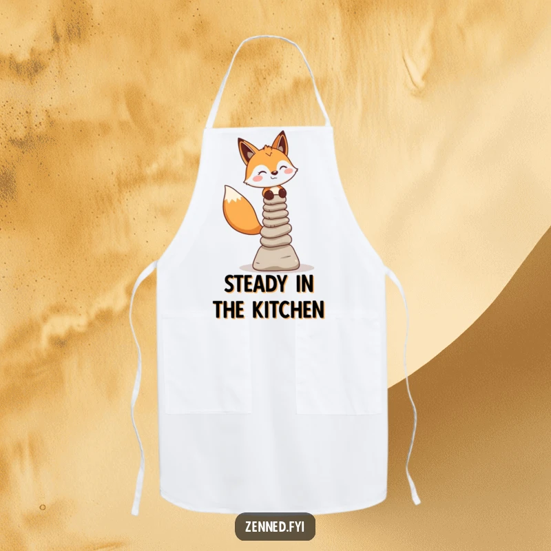 Funny fox character balancing stone cairns, featured on a practical and humorous apron for mindful cooking.