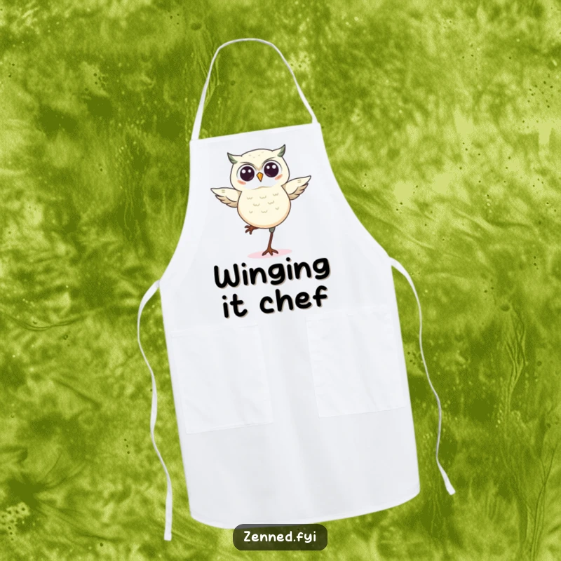 Funny kawaii owl apron, a cute illustration of an owl balancing on one leg, making cooking fun and funny with its wise design.