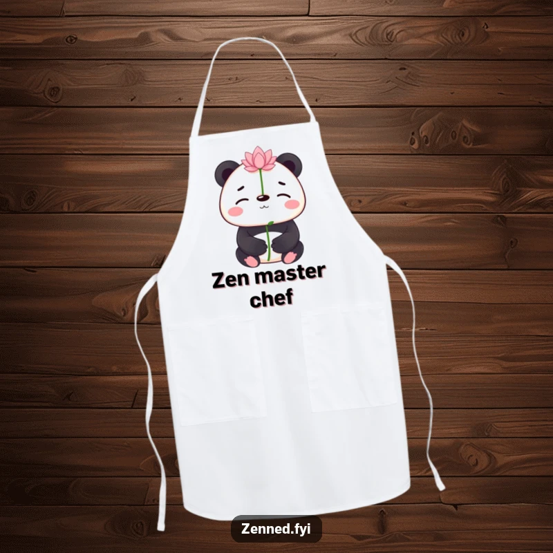 Funny panda balancing a lotus flower on its nose on a kitchen apron, combining practicality with serene humor for a funny gift.