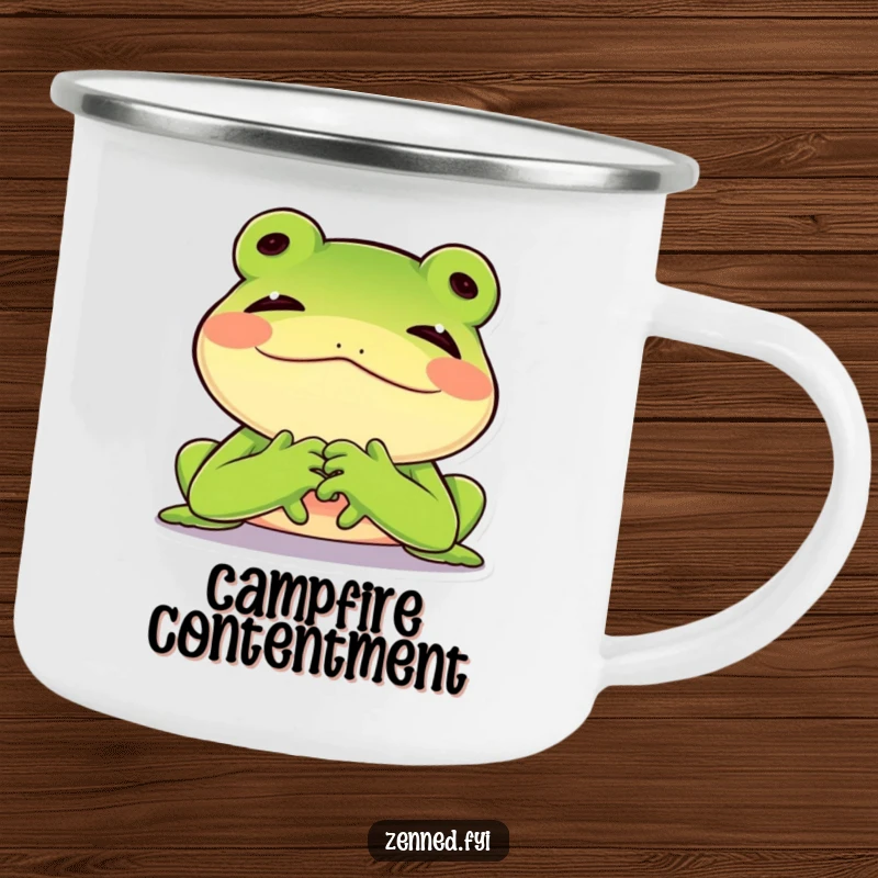 Funny enamel camping mug with a green frog sighing contentedly, durable and humorous, ideal funny gift.