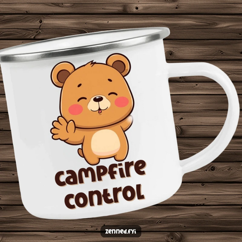 Funny enamel camping mug with a brown bear meditating with a hand gesture, durable and humorous, ideal funny gift.