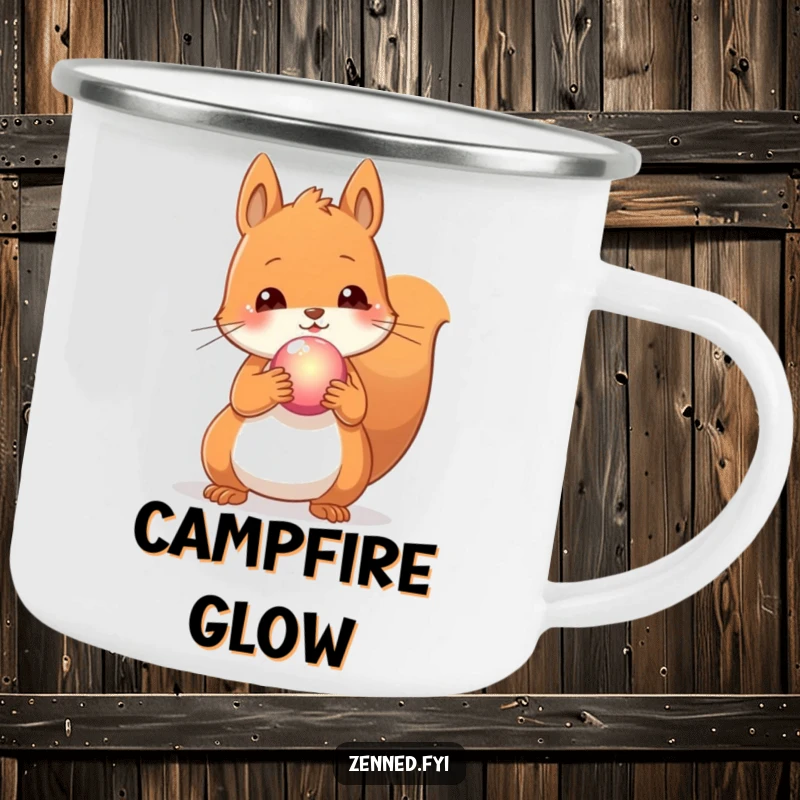Funny camping mug with a content squirrel holding a glowing orb, great for enjoying drinks during magical outdoor moments.
