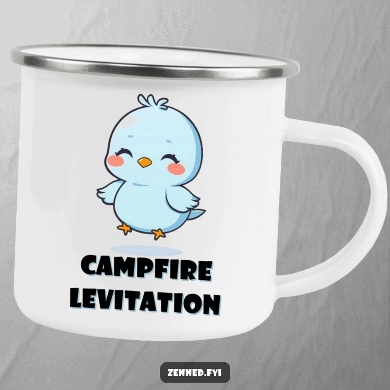 Funny enamel camping mug with a blue bird meditating and floating, durable and humorous, ideal funny gift.