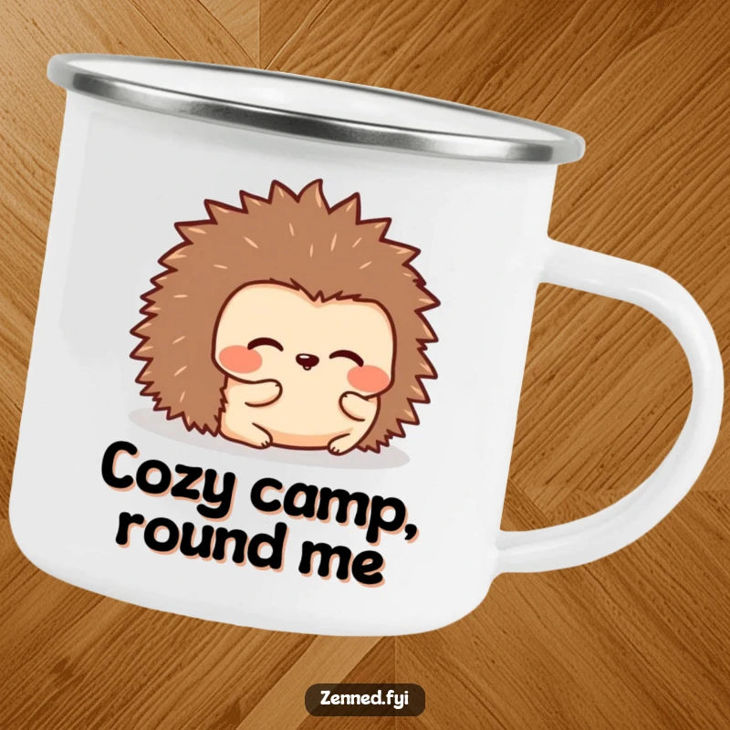 Funny camping mug with a kawaii hedgehog rolled into a peaceful shape, offering comfort and humor for outdoor enjoyment.