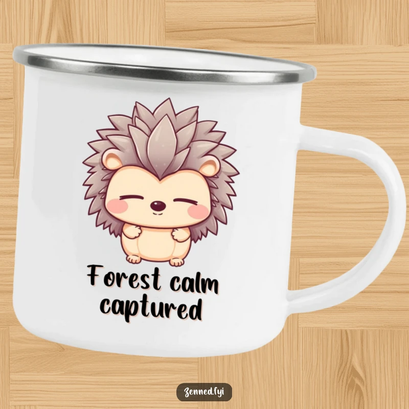 Funny camping mug with a peaceful hedgehog character and closed eyes, embodying outdoor calm and serene humor.