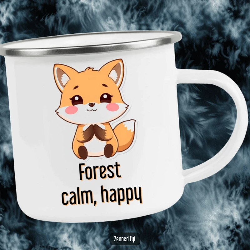 Funny Kawaii fox camping mug featuring a calm, smiling character, perfect for outdoor use and a humorous, peaceful gift.