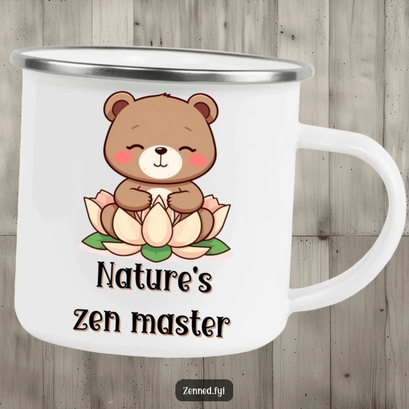 Funny bear meditating on a lotus flower, on a sturdy camping mug, perfect for outdoor funny gifts.